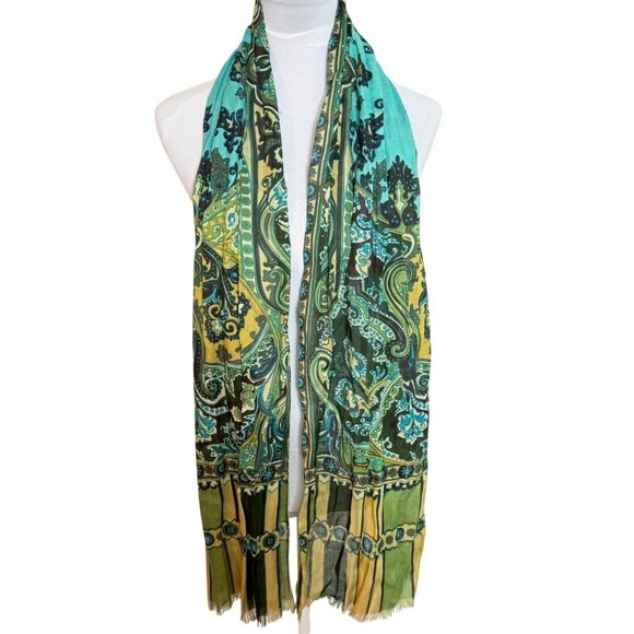 Chicos Peacock Paisley Print Scarf Oblong Eyelash Fringe Summer Spring Turquoise - Picture 5 of 14